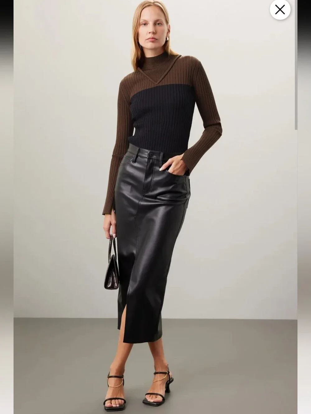 Marina Moscone Brown Colorblock Mock Neck Rib Sweater Size XS